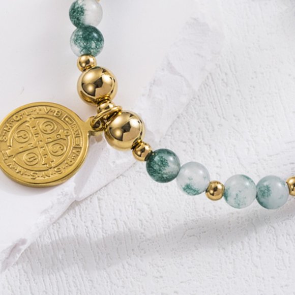 3/$35 18K Gold Plated Cross Coin Bracelet Charm Pearl Blue Beads Stainless steel - Picture 5 of 7